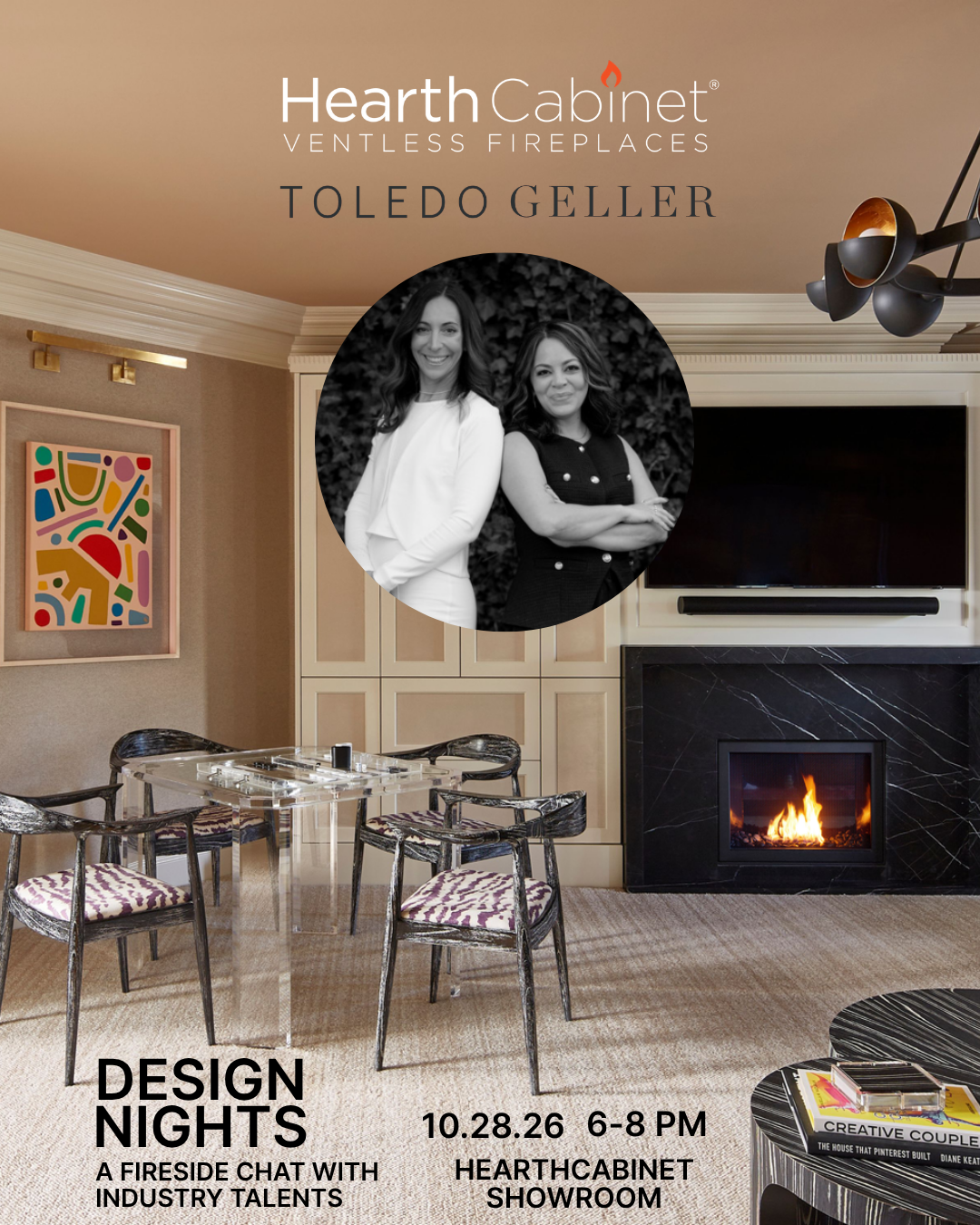 Design Nights invitation featuring Virginia Toledo and Jessica Geller — October 28, 2026, 6–8 PM